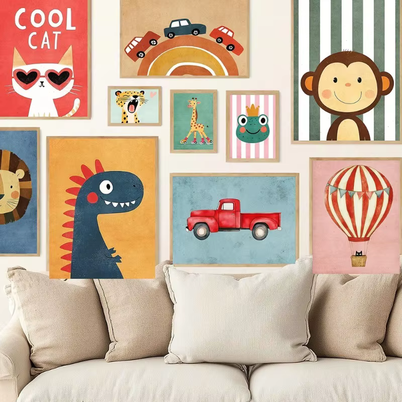 Affiches d'animaux drôles imprimées, toile d'art murale neutre, images de pépinière pour bébé, décor de chambre d'enfants, tigre, Lion, grenouille, ours, chat, ballon