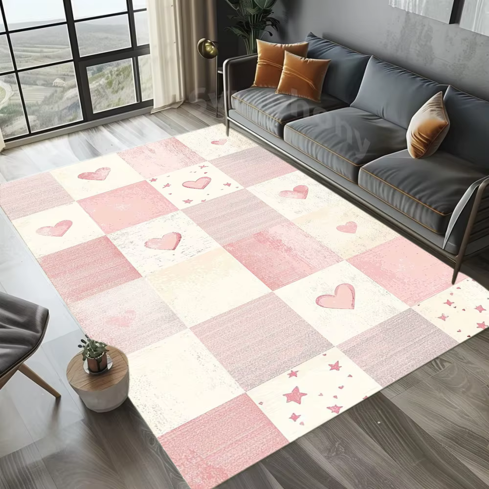 Tapis à motif de cœur à carreaux, Design doux et mignon, antidérapant, lavable, pour chambre à coucher, salon, chambre de fille, décoration de maison