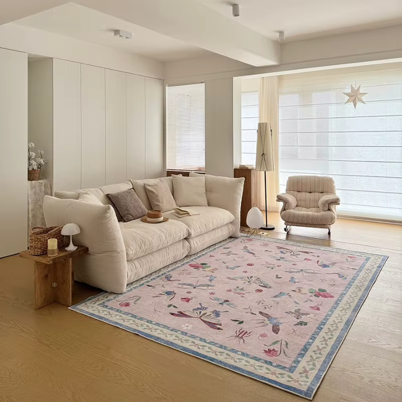 Tapis de salon vintage français rose à thème insectes