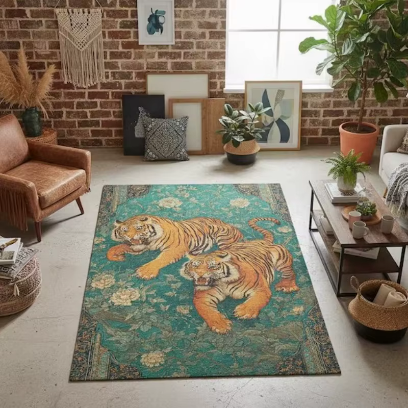 Tapis d'intérieur Art Tiger Animal, motif floral vintage, antidérapant, pour salon et chambre, grande taille, doux et moelleux, style asiatique