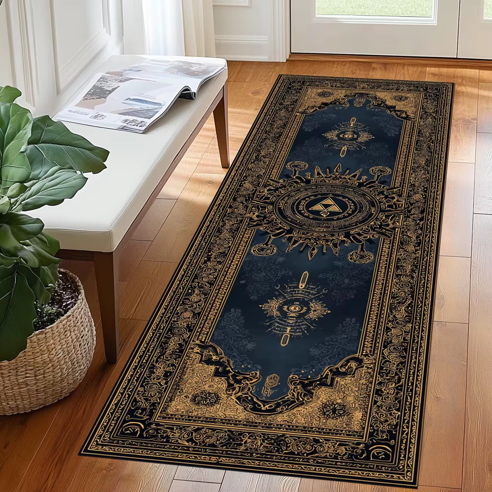 Tapis Triforce Runner Vintage Or et Bleu à Motifs Ornés Antidérapant pour Salon