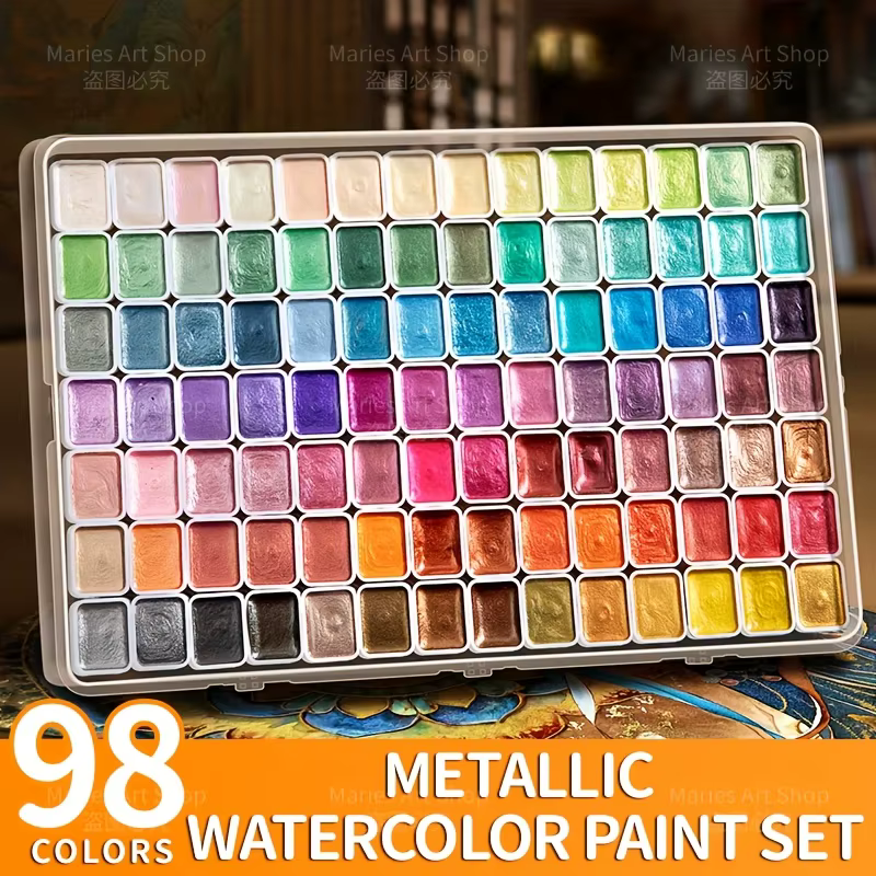 Ensemble de peinture aquarelle scintillante métallique de 98 couleurs, Pigments de perles pour artistes, amateurs pour l'illustration, le Scrapbooking, la décoration