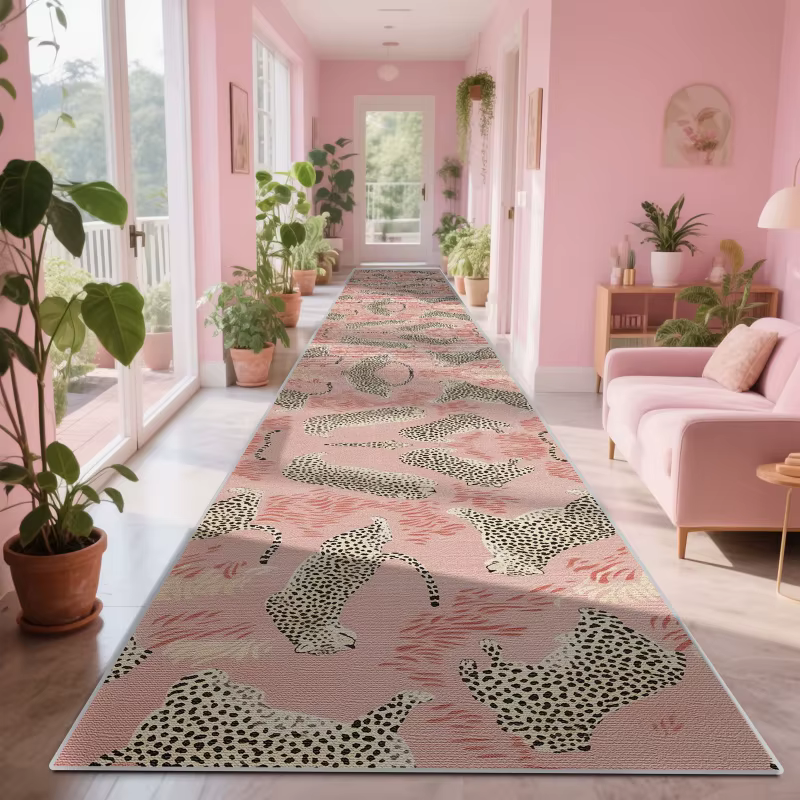 VIKAMA Tapis de couloir rose à imprimé léopard