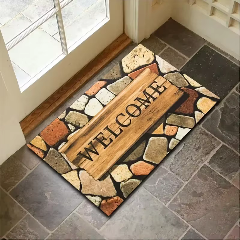 Tapis de porte à motif de pierre avec design de bienvenue pour la maison