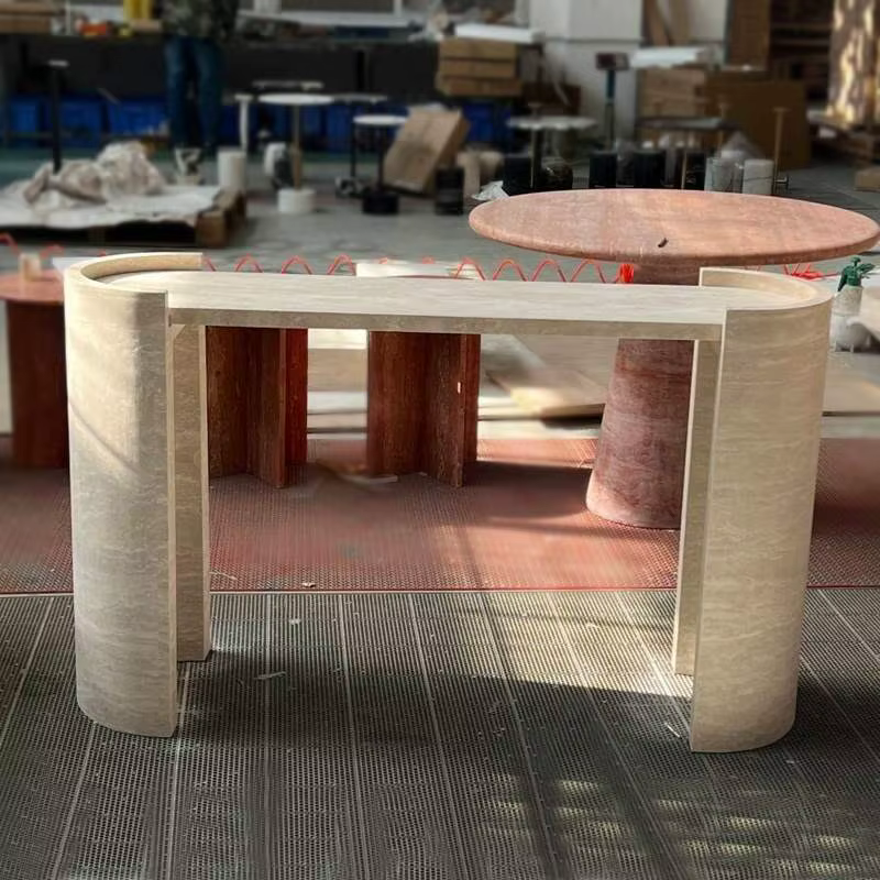 Table d'entrée en travertin beige clair, meuble de salon en pierre naturelle