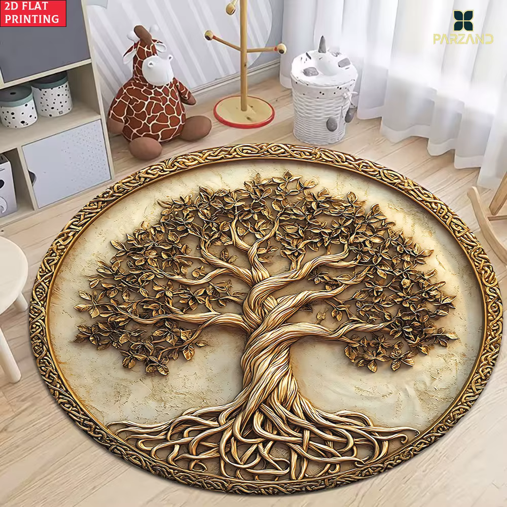 Tapis rond en or blanc à motif floral