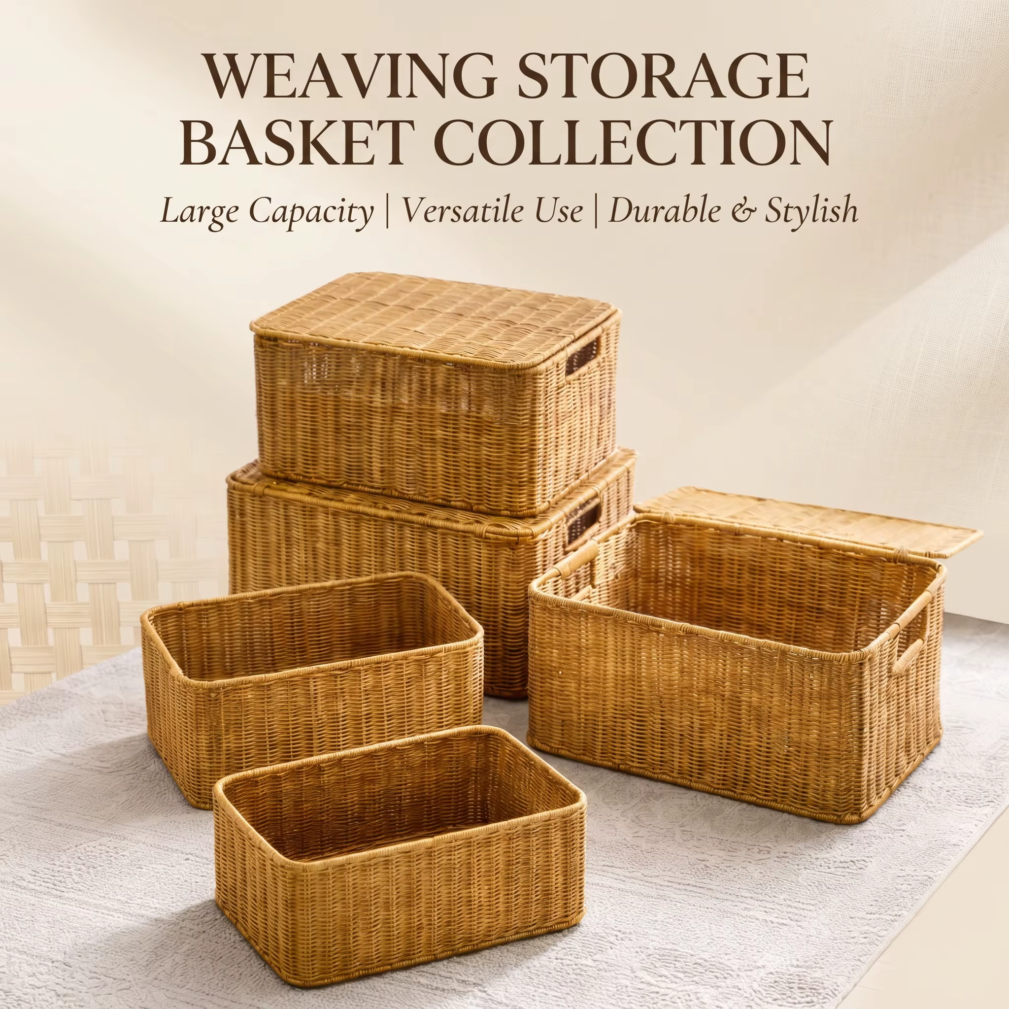 Nouvelle boîte de rangement - Chambre à coucher avec couvercle - Boîte organisatrice de vêtements - Imitation rotin tressé - Panier de rangement