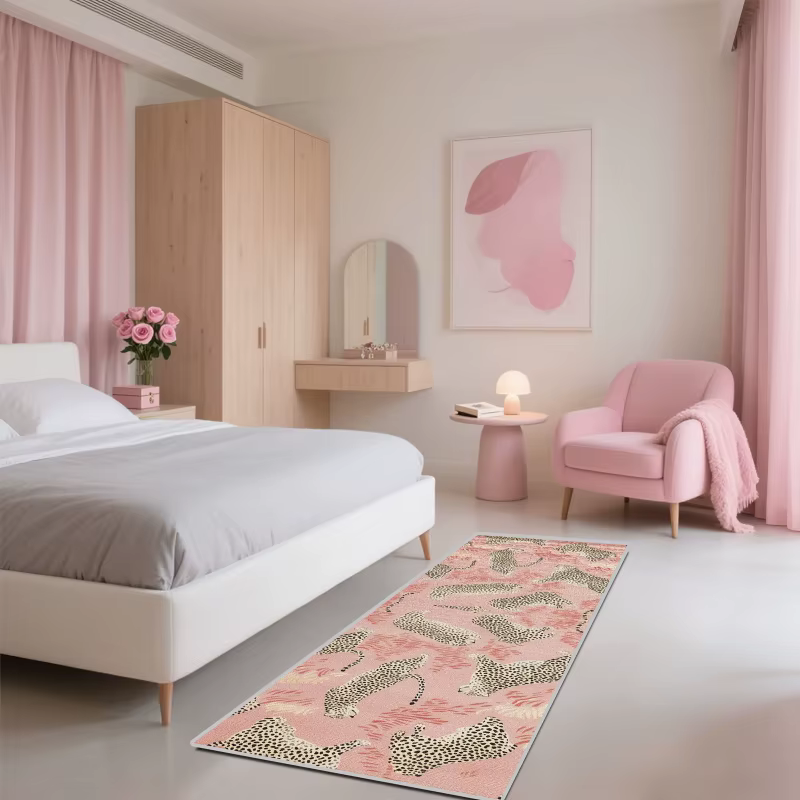 VIKAMA Tapis de couloir rose à imprimé léopard