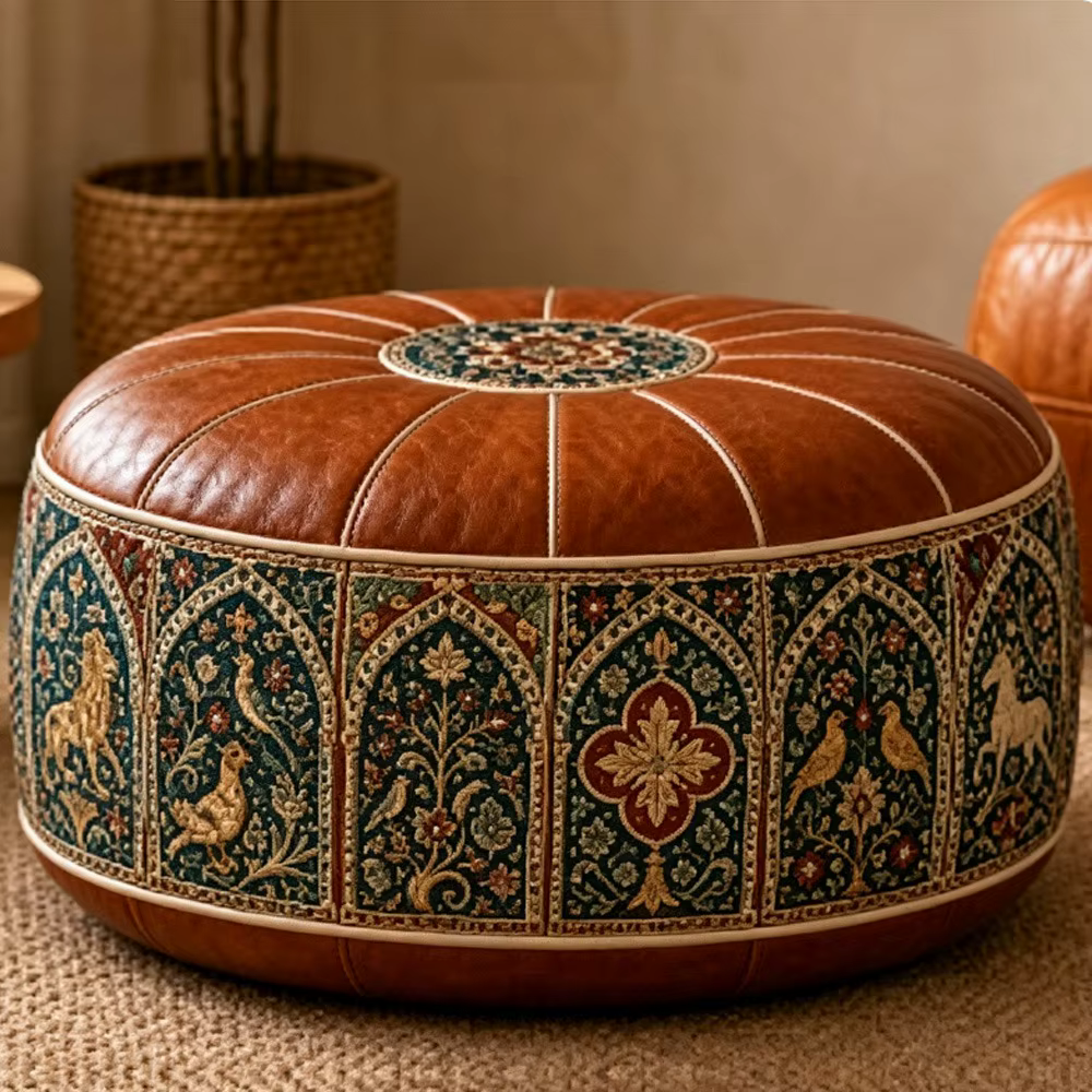Housse de pouf ottoman à motif bohème, design remplissable, grande ouverture, repose-pieds, housse de pouf rond en cuir PU résistant à l'eau, pour salon