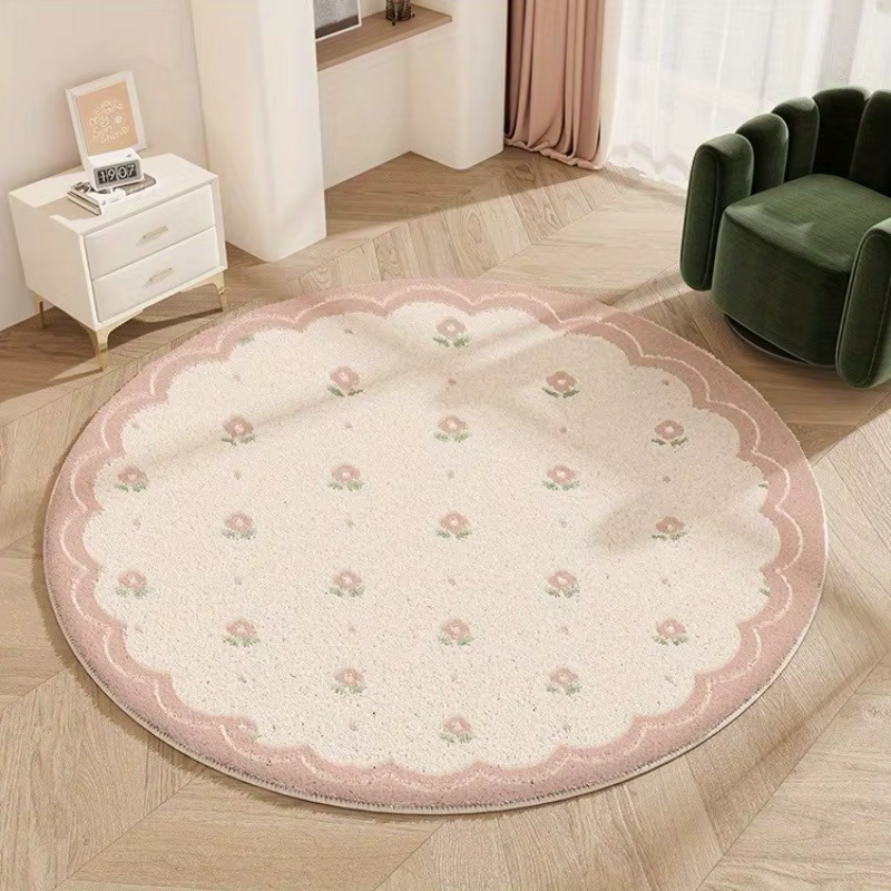 Tapis décoratif rond à fleurs roses
