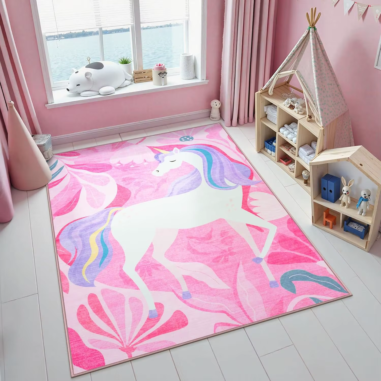 Tapis imprimé licorne à fleurs roses