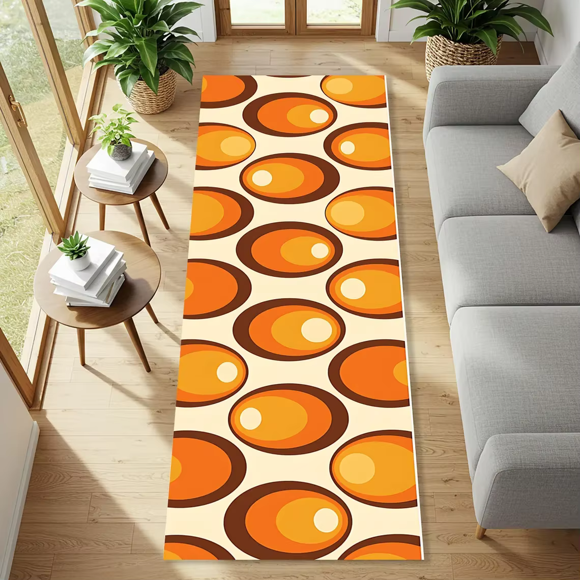 Tapis Rétro Wave Runner avec Motifs Tourbillonnants Orange et Marron