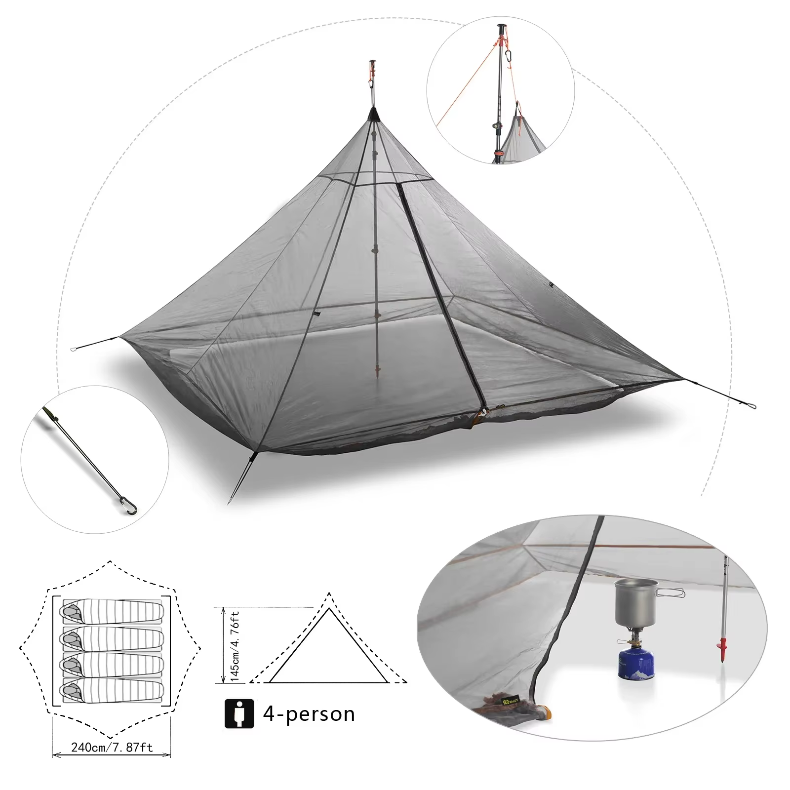 Tente de Camping ultralégère pour 2 à 4 personnes, en Nylon 40D, revêtement en Silicone, pyramide sans tige, grande tente intérieure respirante pour 3 à 4 saisons