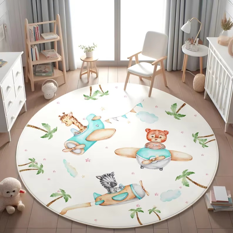 Tapis rond d'intérieur motif Ours pilote en aquarelle et Avion