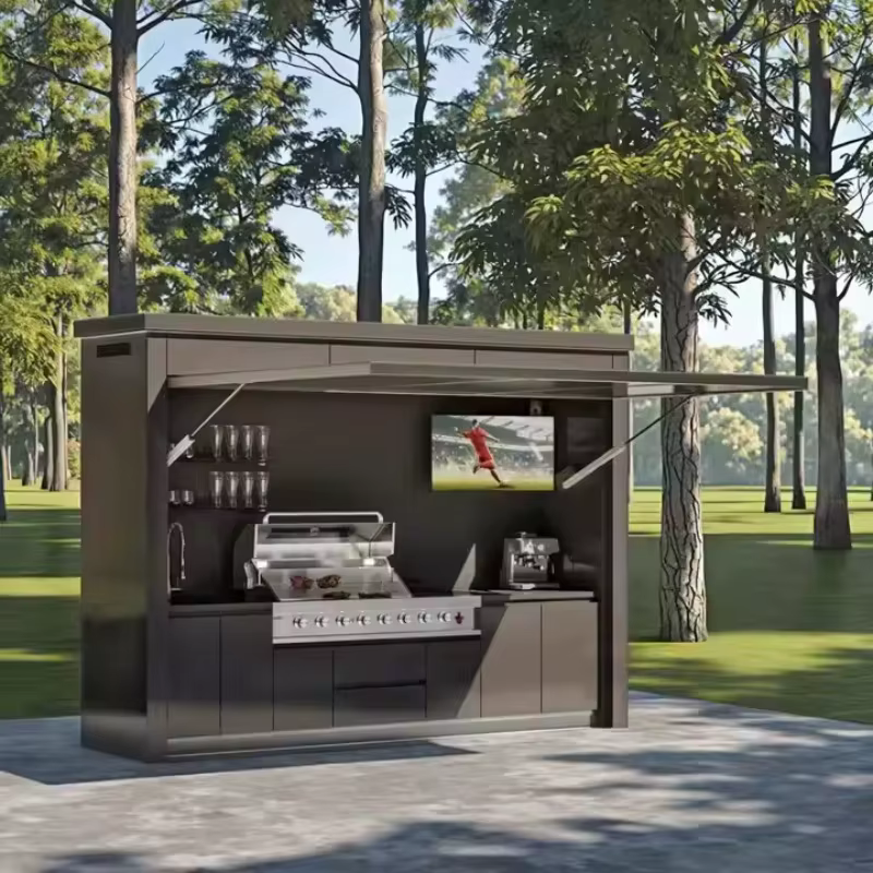 Cuisine extérieure personnalisée en acier inoxydable 304 avec plan de travail en marbre, certifiée CE, durable, fabriquée en usine pour jardin, fête, patio, cour.