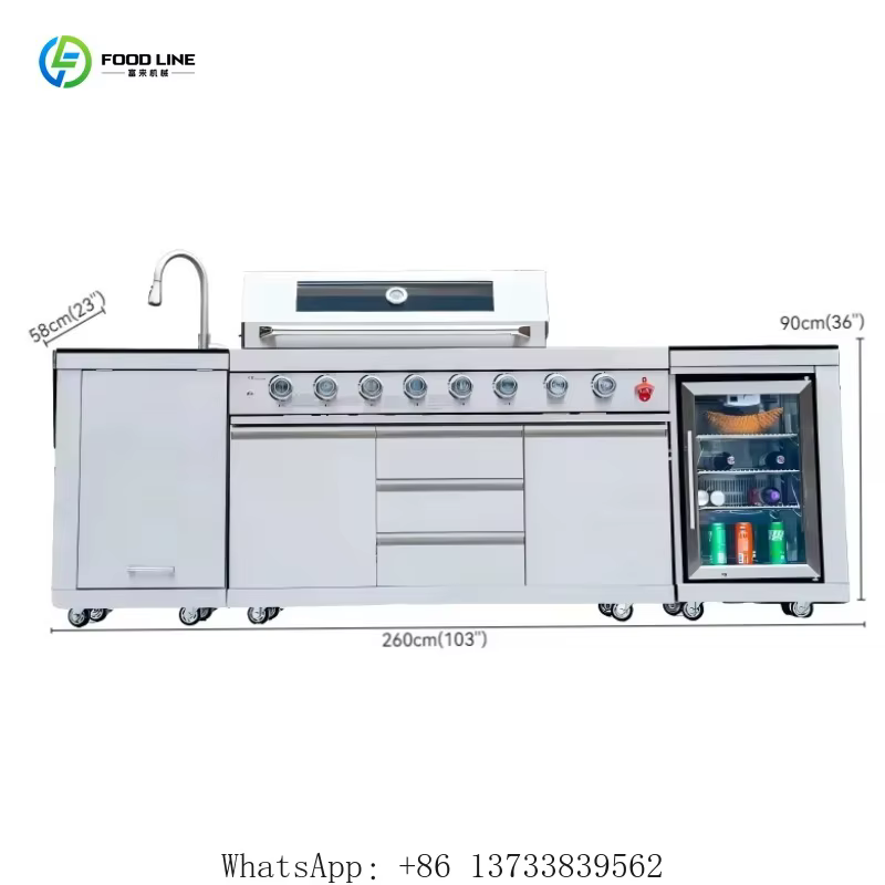 Cuisine extérieure personnalisée, barbecue à gaz moderne haut de gamme, barbecue de luxe pour fêtes, réfrigérateur, évier