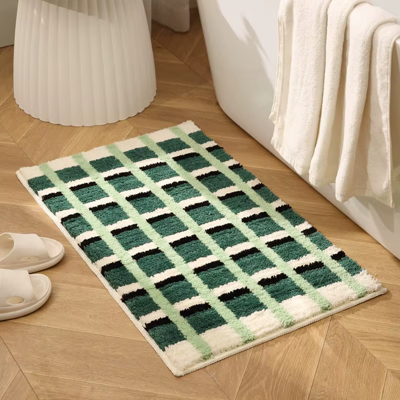 VIKAMA Tapis de salle de bain à carreaux vert et blanc
