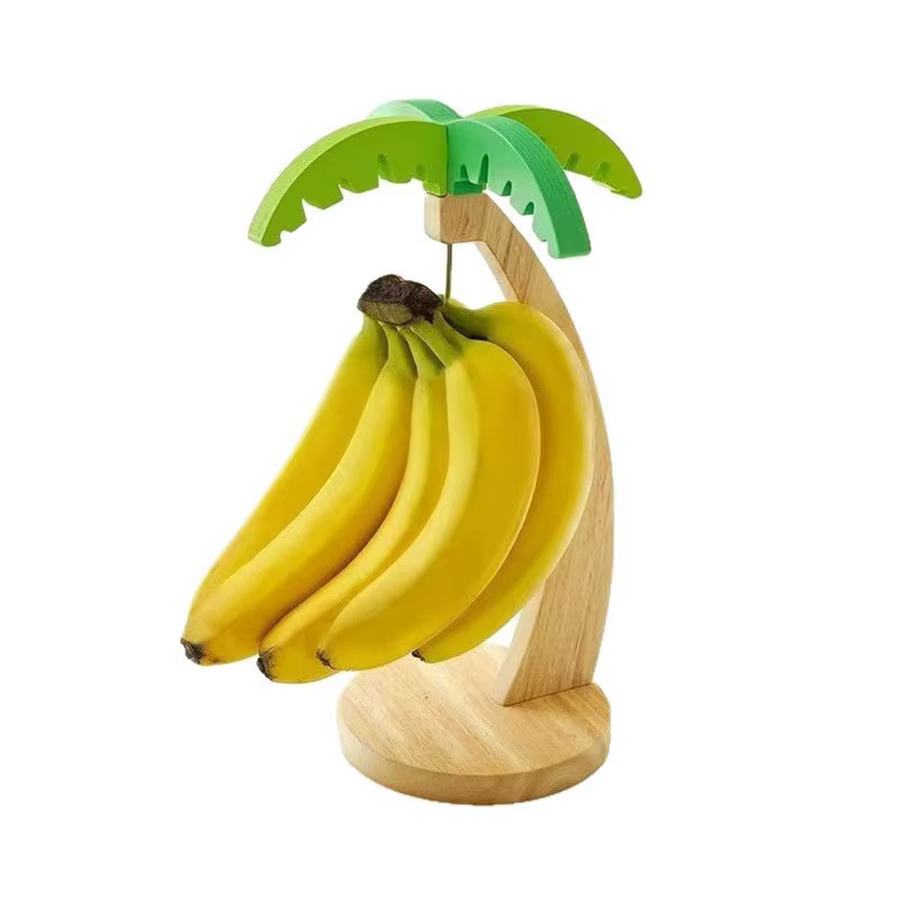 Support à bananes en bois, étagère de cuisine suspendue, support de rangement vertical décoratif pour fruits avec feuilles simulées et crochets, décoration de cuisine