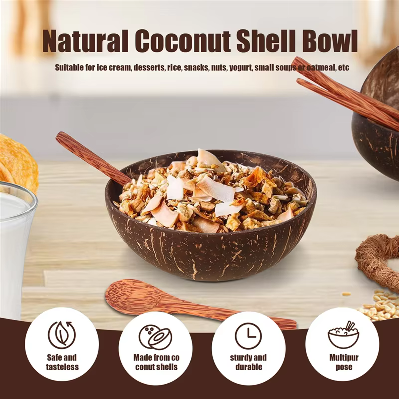 A69E1 ensemble de bols en coquille de noix de coco naturelle avec cuillère et support adapté aux glaces, desserts, riz, collations, noix