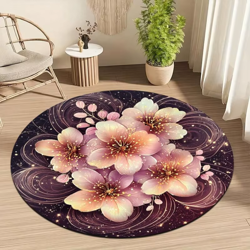 Tapis rond beige vintage à motif de petites fleurs sauvages roses