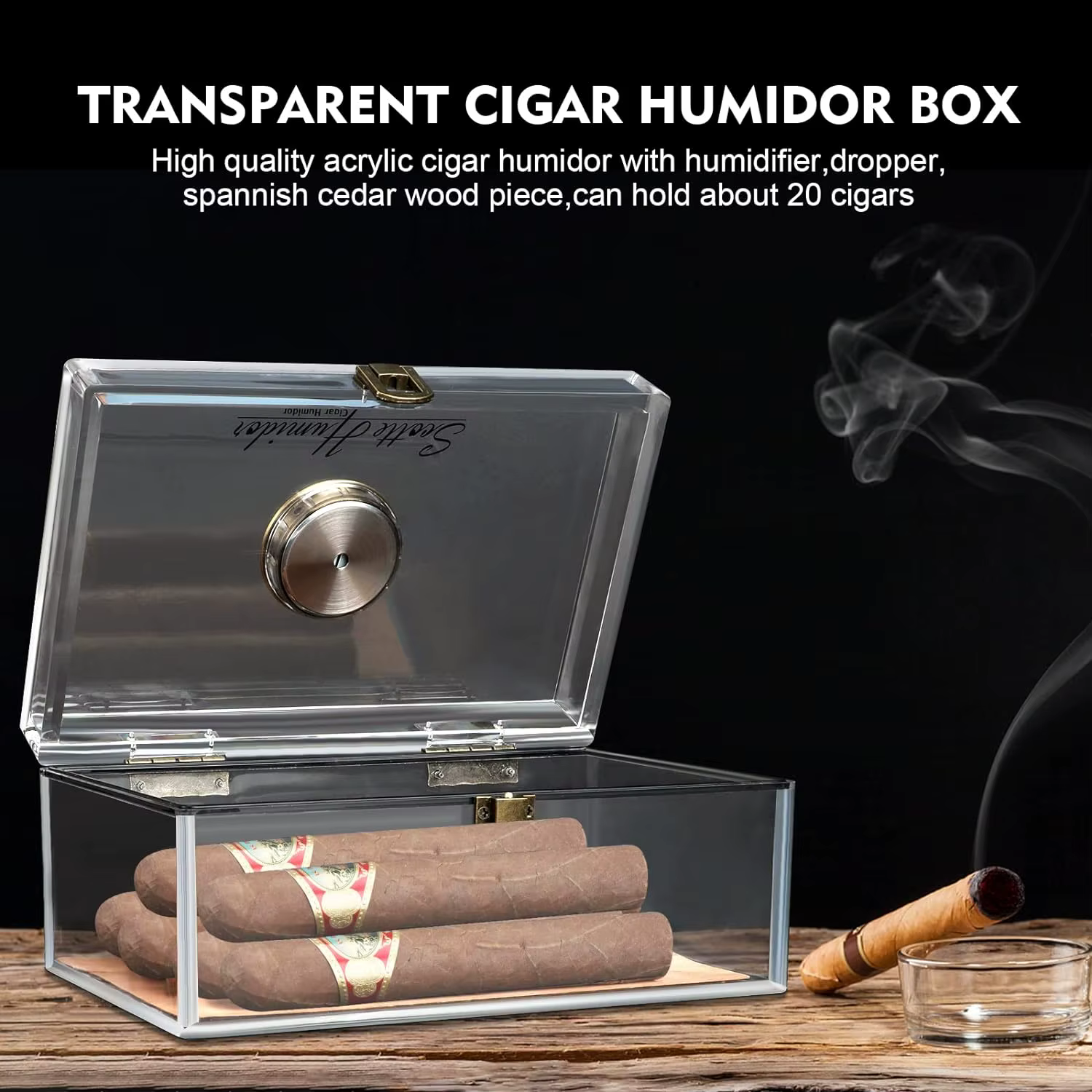Étui à cigares Scotte en acrylique, boîte à cigares, hygromètre, humidificateur, peut contenir 20 cigares, comprend des coupe-cigares, accessoires de poinçonnage