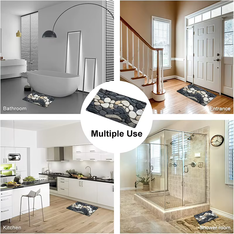 Tapis de sol en diatomite à motif galet, absorbant, antidérapant, pour cuisine, salle de bain, salon, avec support en caoutchouc 2D