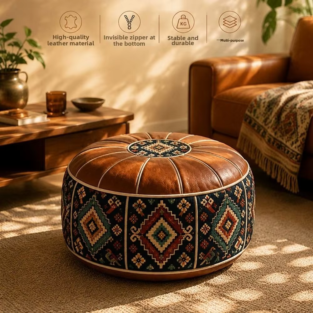 Housse de pouf ottoman à motif bohème, design remplissable, grande ouverture, repose-pieds, housse de pouf rond en cuir PU résistant à l'eau, pour salon