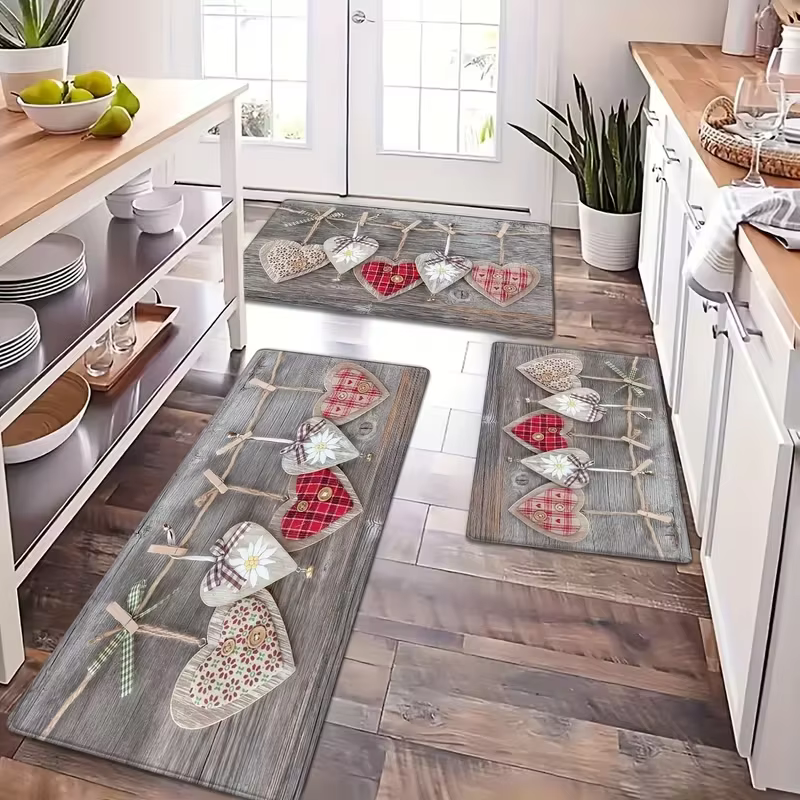 Tapis de cuisine antidérapant en flanelle de Grain de bois de coeur de Style nordique pour le salon