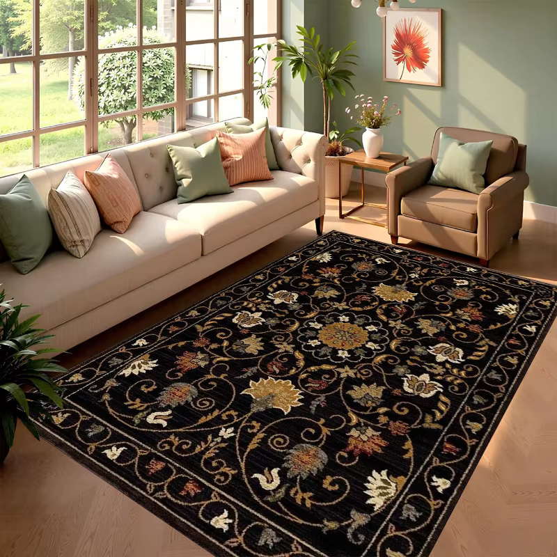 Tapis élégant noir à motifs floraux antidérapant