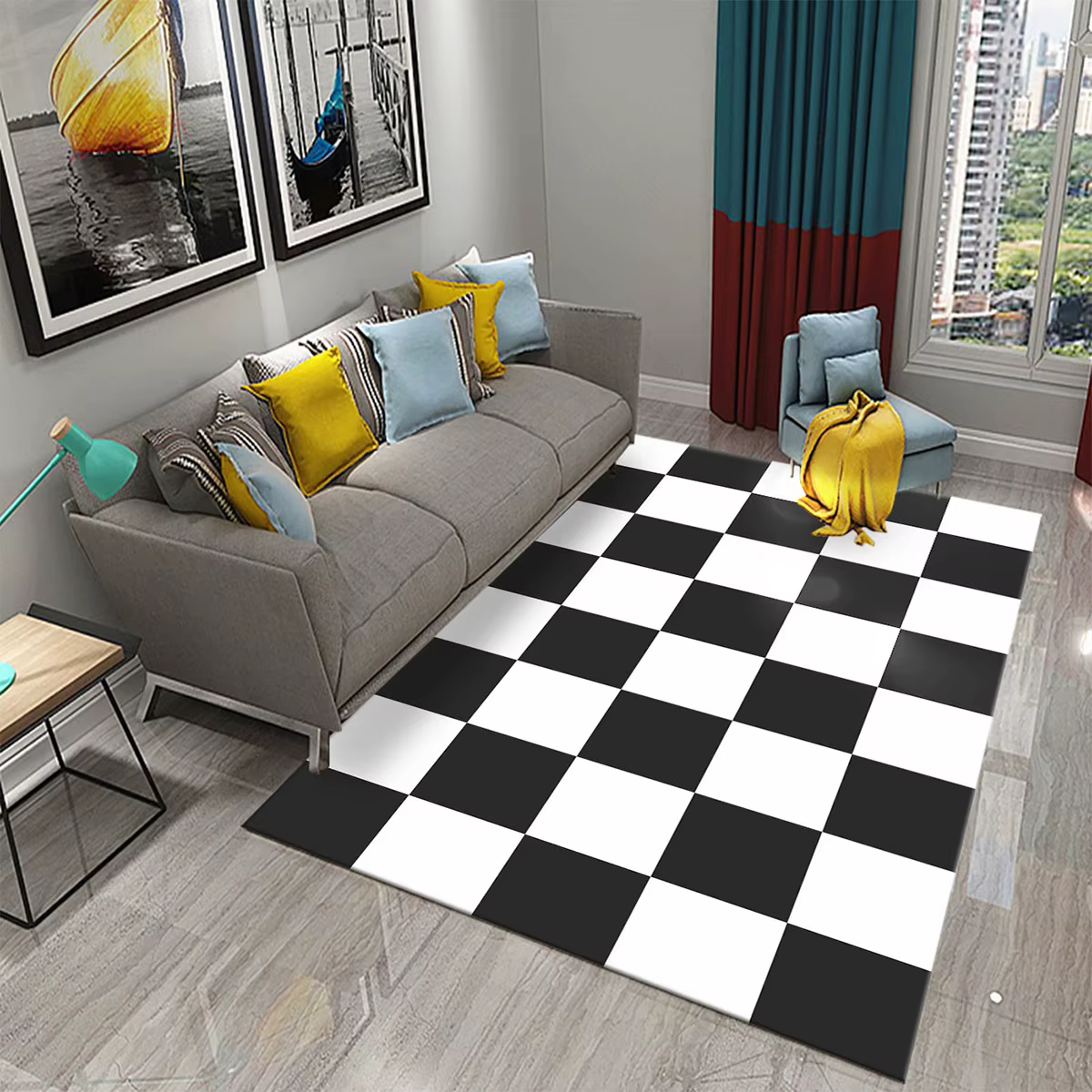 Tapis à carreaux en damier noir et blanc