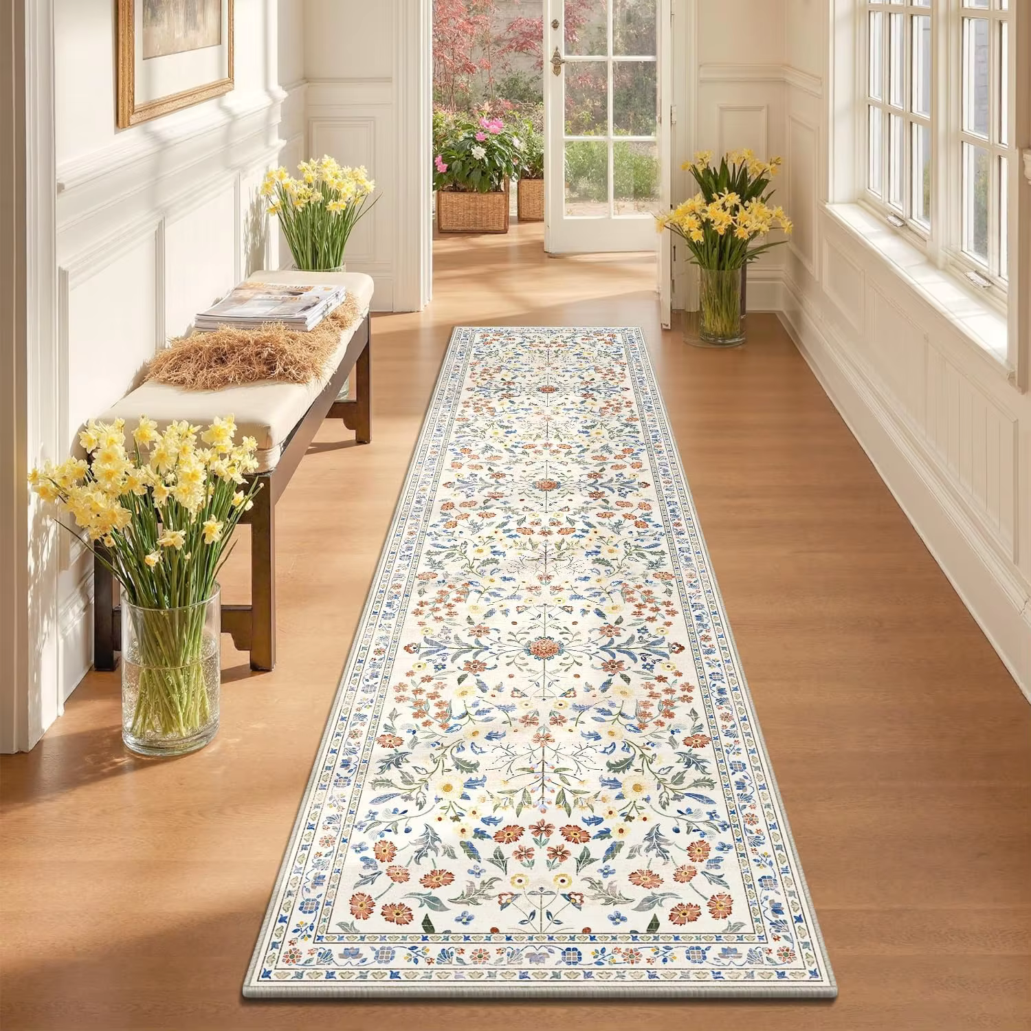 Tapis de couloir vintage vert à motif floral