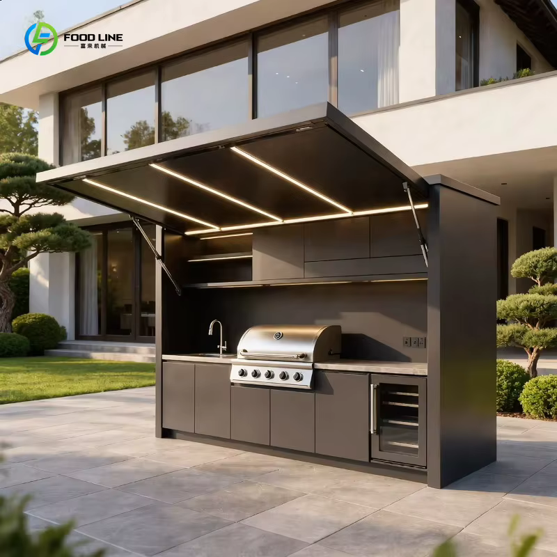 Îlot de cuisine extérieur modulaire écologique personnalisé en acier inoxydable avec barbecue, panier de rangement étanche