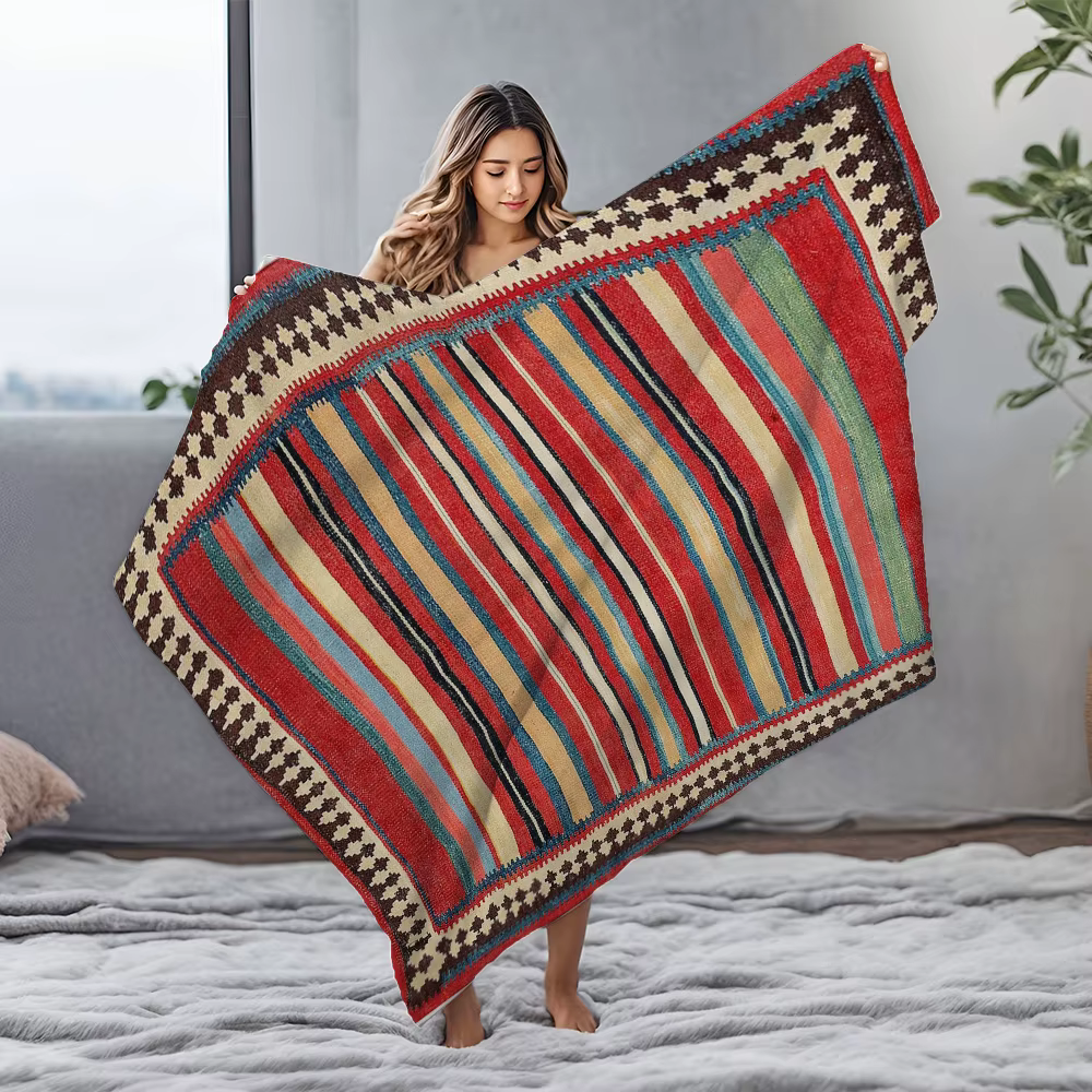 Tapis Kilim rayé Vintage ethnique fait à la main en laine