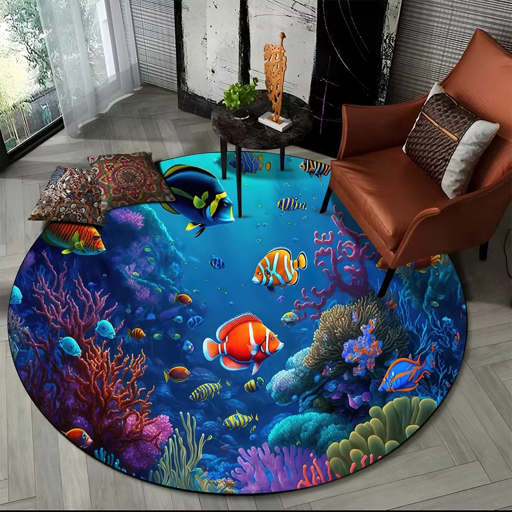 Tapis rond de dessin animé de dauphin du monde sous-marin