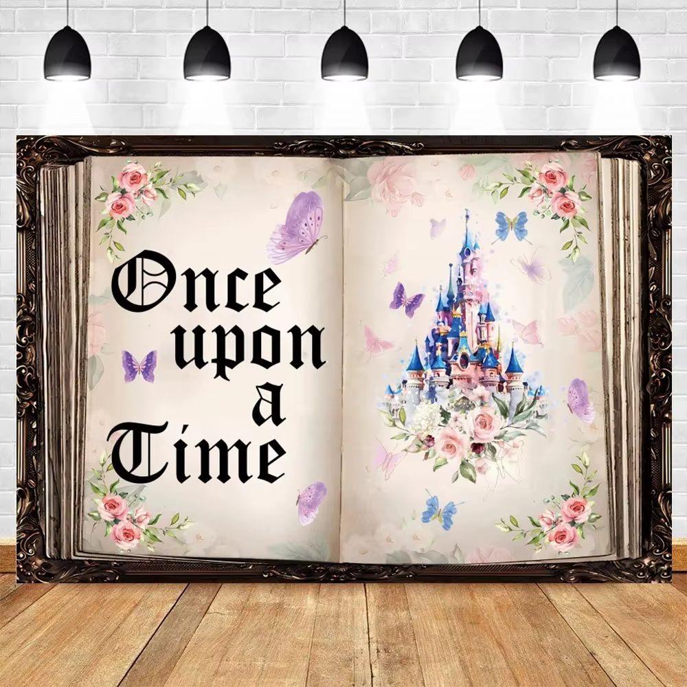 Livre de conte de fées anniversaire mariage toile de fond personnalisée il était une fois château ancien papillon fleur