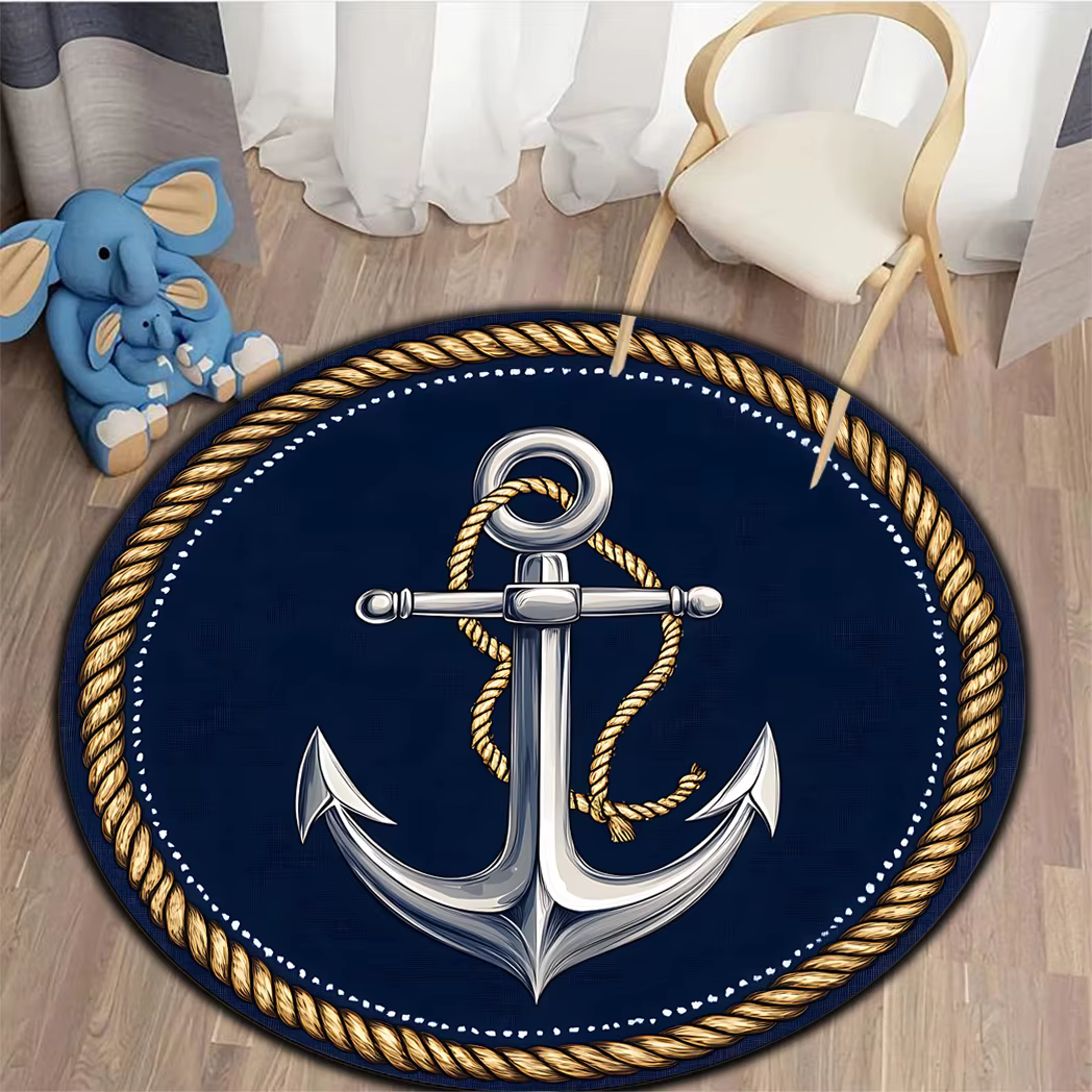 Tapis rond à motif d'ancre et de corde bleu marine