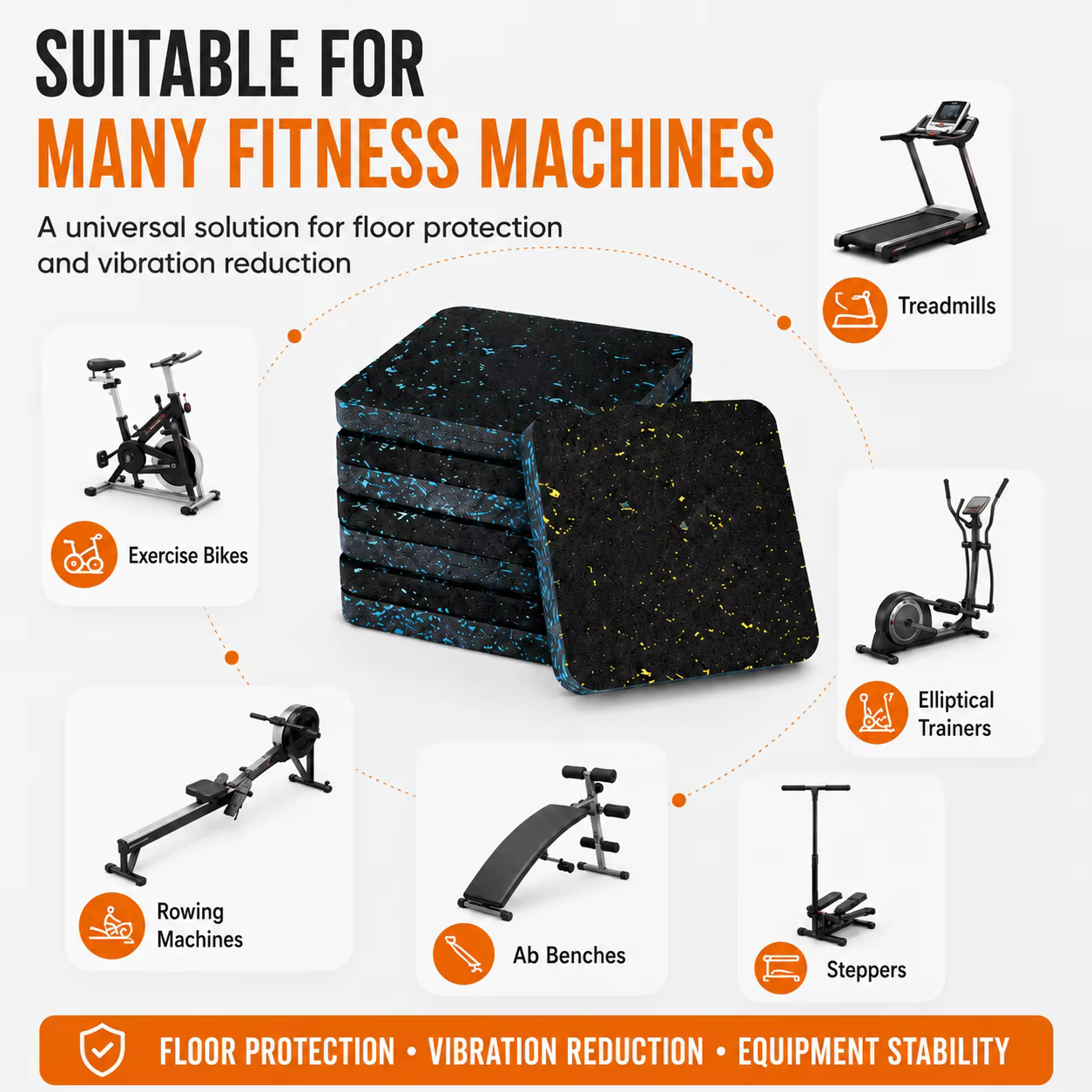 Tapis de tapis roulant de 15mm d'épaisseur, coussinets anti-vibration, coussin en caoutchouc à réduction de bruit, pour équipement de fitness à domicile, protection du sol, 6 pièces