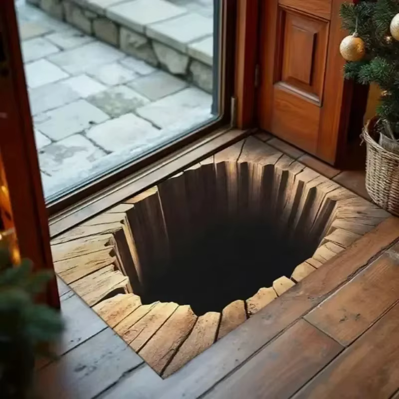 Tapis de sol 3D en pierre avec motif d'ours qui brise la porte