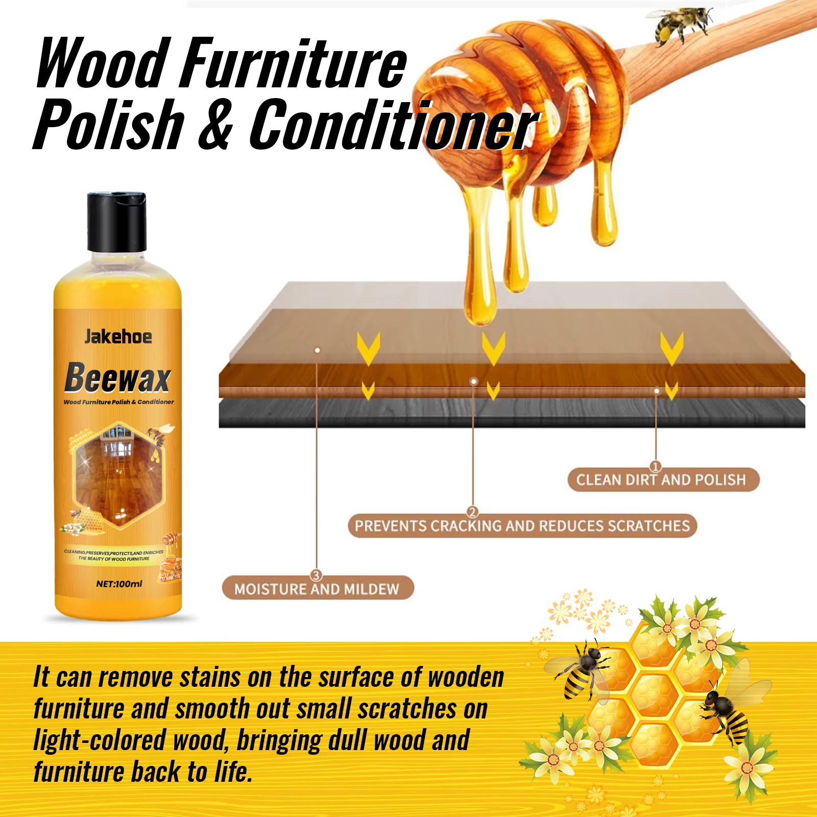 Cire d'abeille pour meubles en bois, revitalisant, restaure la brillance, prévient les fissures, imperméabilisation, entretien du bois pour sols, armoires, portes, outils