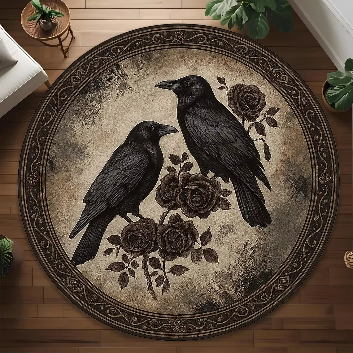 Tapis rond vintage avec motifs de corbeaux et de roses