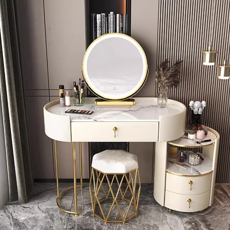 Grande coiffeuse d'angle moderne avec rangement, tiroirs de maquillage, console de luxe pour bijoux, mobilier de chambre à coucher