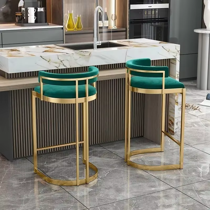 Tabouret de Bar de luxe à la mode, cadre en métal doré, rembourré, dossier incurvé, chaise haute moderne, comptoir d'îlot de cuisine à domicile, tabourets de Bar à manger