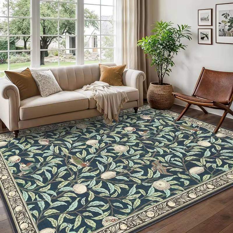 Tapis de salon bohème beige motif plante et oiseau