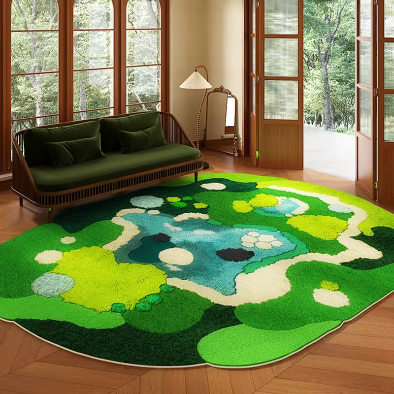 Tapis de salon vert irrégulier court en velours