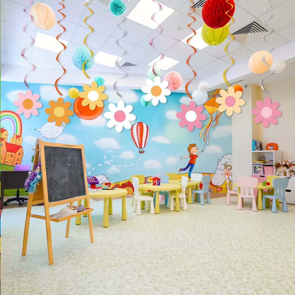 Ensemble de 16 décorations suspendues rotatives en forme de marguerite - Idéal pour une fête d'anniversaire sur le