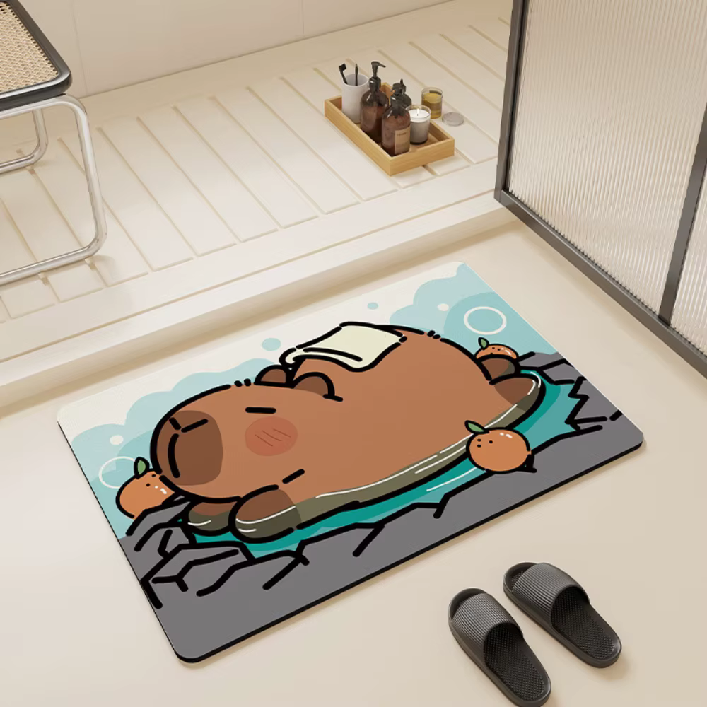 Tapis de sol de salle de bain Capybara mignon prenant un motif de bain