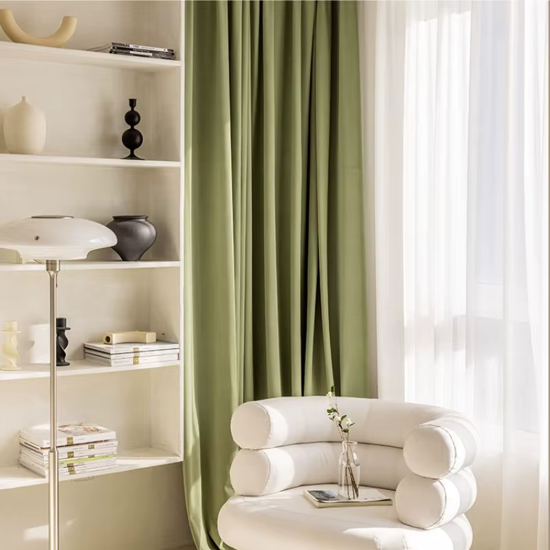 Voilage occultant en velours isolant vert matcha à texture chevrons nordique pour salon